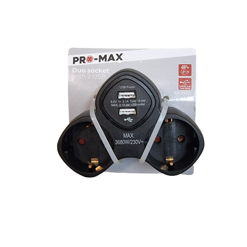 Pro Max Verteilersteckdose Duo-Steckdose mit 2 zusätzlichen USB-Eingängen Schwarz