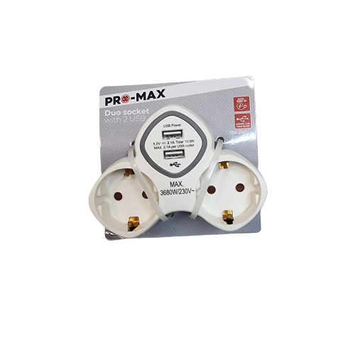 Pro Max Verteilersteckdose Duo-Steckdose mit 2 zusätzlichen USB-Eingängen Weiß