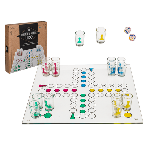 Glas-Trinkspiel Ludo Brettspiel Partyspiel mit 16 Schnapsgläsern circa 31x 31 cm