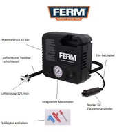 FERM Mini 12V Auto Luftkompressor 10 Bar 3 Zusatzadapter elektrische Luftpumpe Luftmatraze Fahrrad